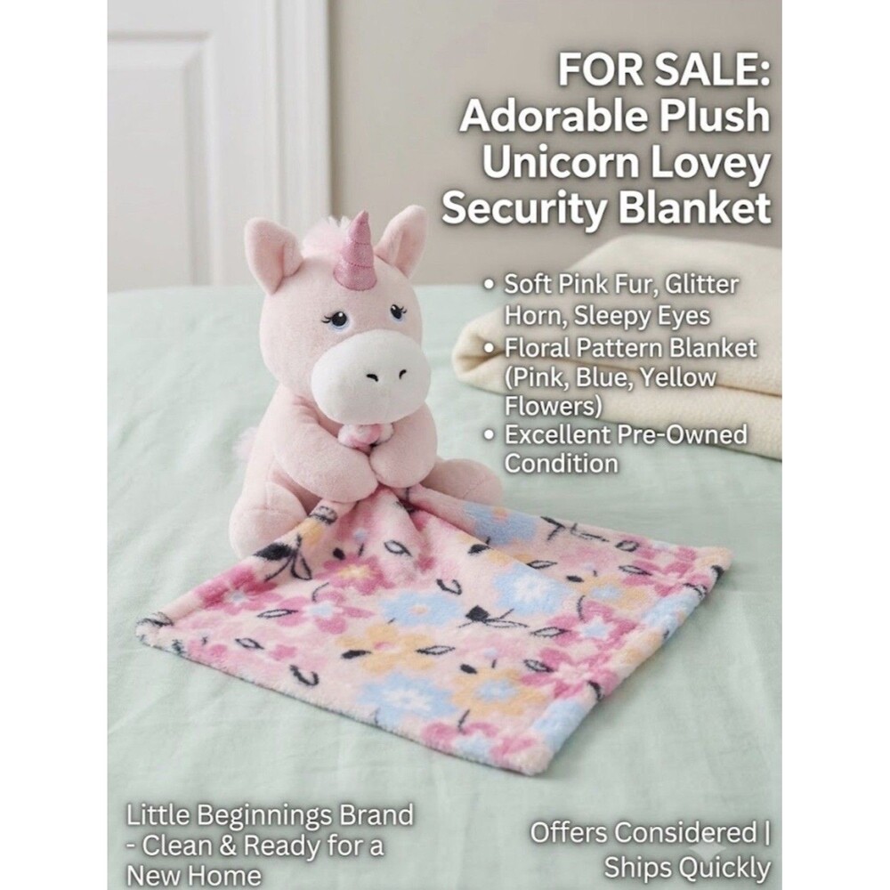 Little Beginnings Unicorn Lovey Plush Pink Floral Security Blanket Fleece 8"